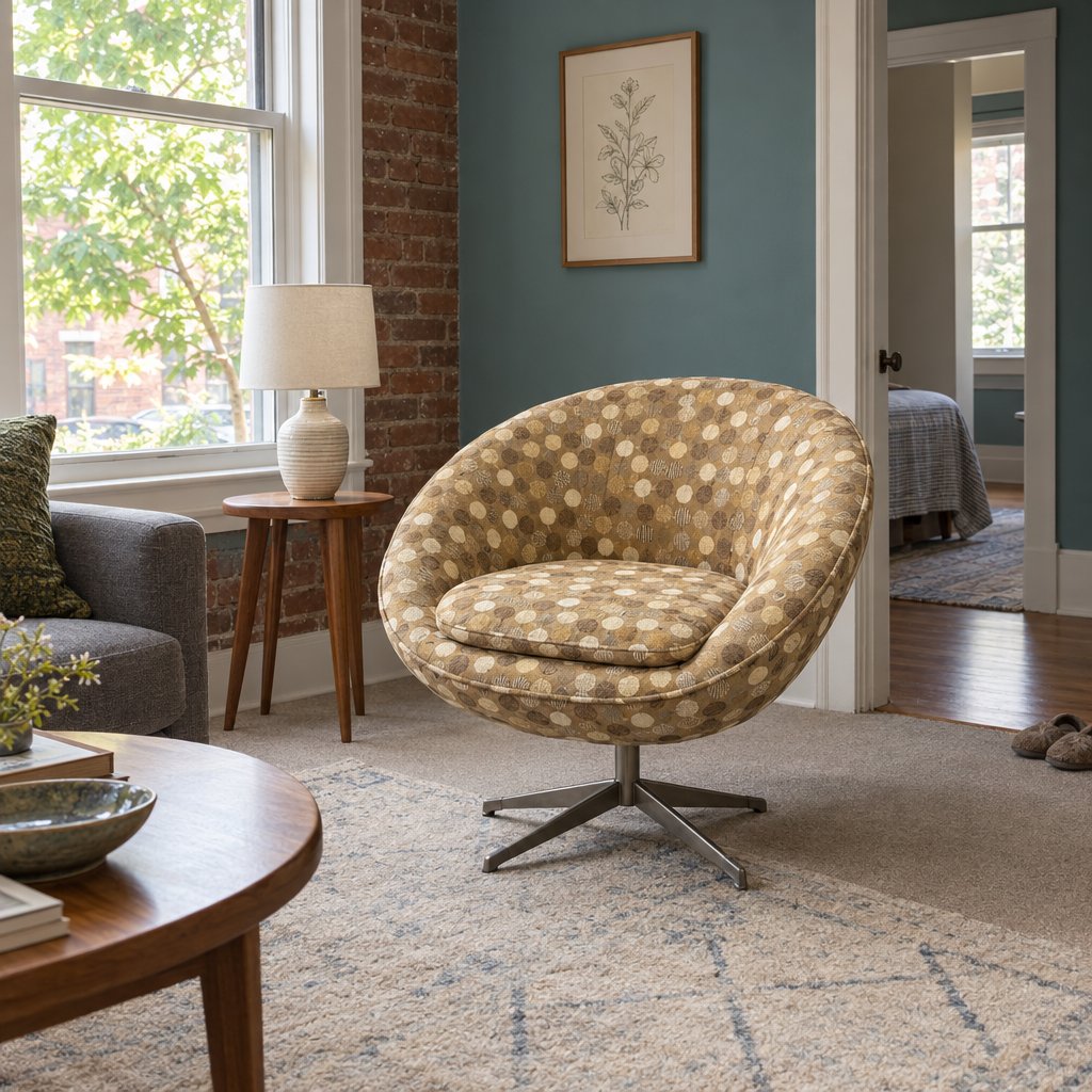 1950s Style Mid-Century Swivel Armchair in Brown styled in a Portland home - Whats New Furniture