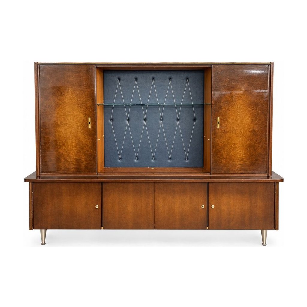 Brown art deco upholstered hutch with a tall narrow cabinet - Whats New Furniture Portland OR