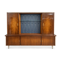 Brown art deco upholstered hutch with a tall narrow cabinet - Whats New Furniture Portland OR