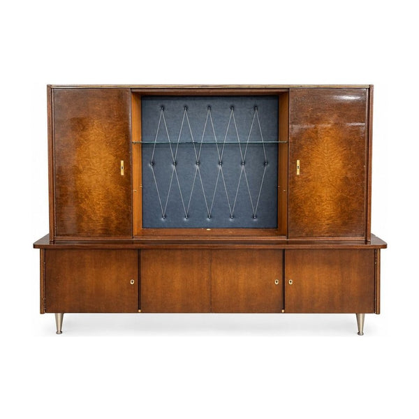 Brown art deco upholstered hutch with a tall narrow cabinet - Whats New Furniture Portland OR