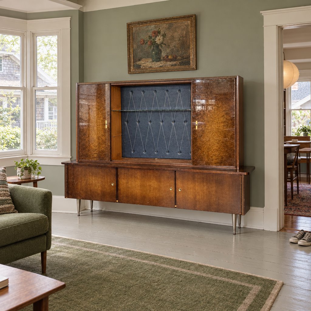 Art Deco Upholstered Hutch in Brown styled in a Portland home - Whats New Furniture