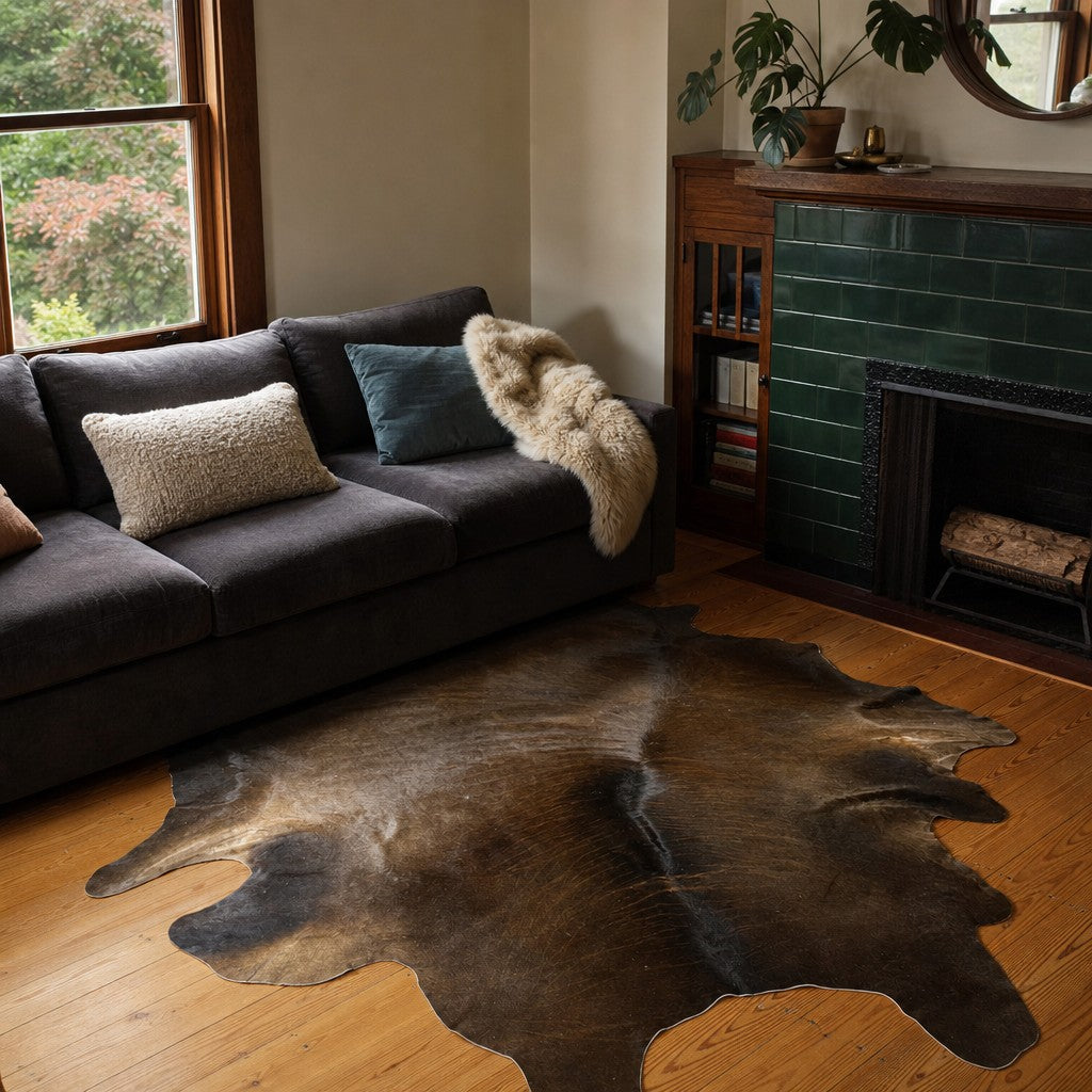 Brown cow hide area rug with natural markings and irregular hide outline.