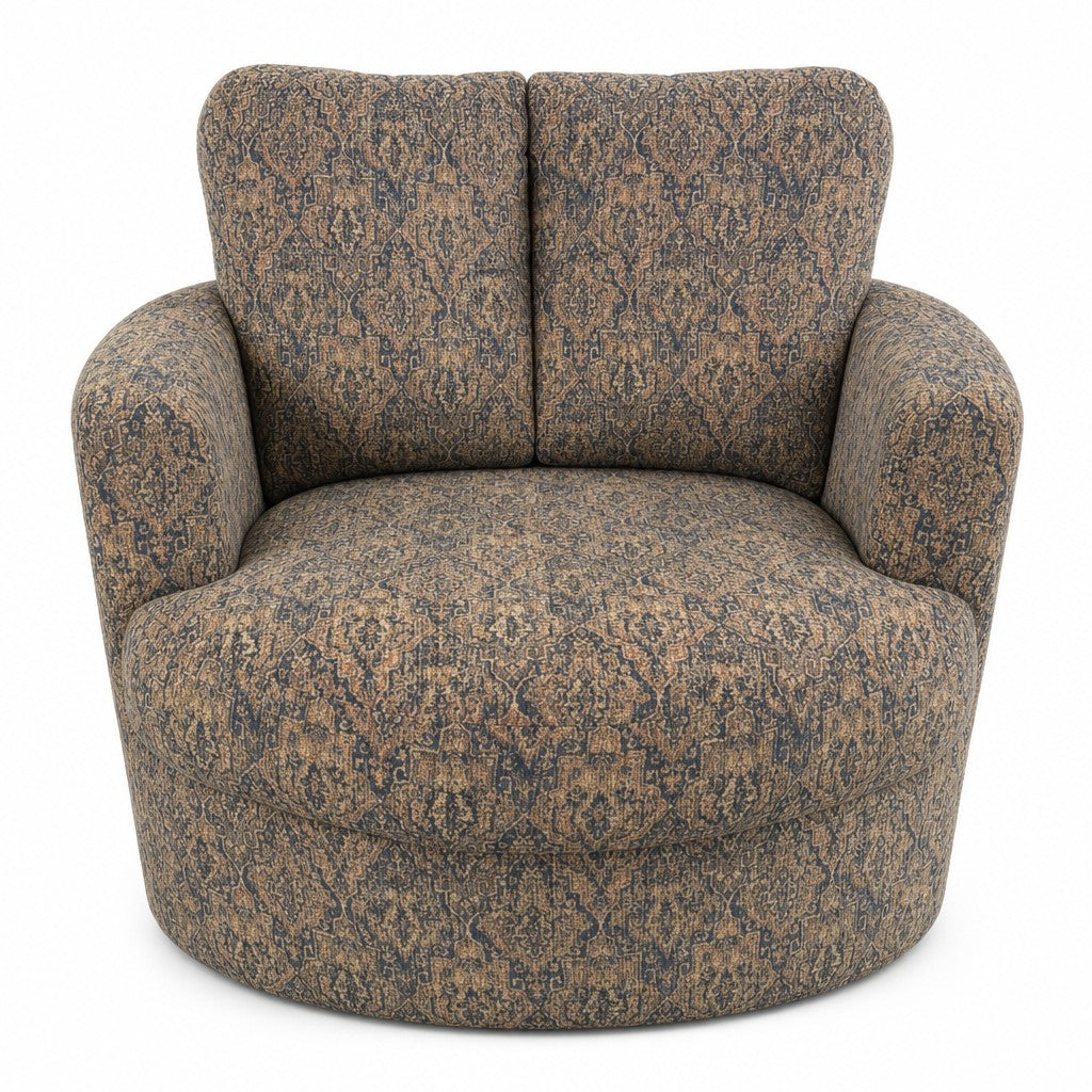 Brown paisley cube armchair with a boxy geometric silhouette