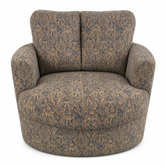 Brown paisley cube armchair with a boxy geometric silhouette