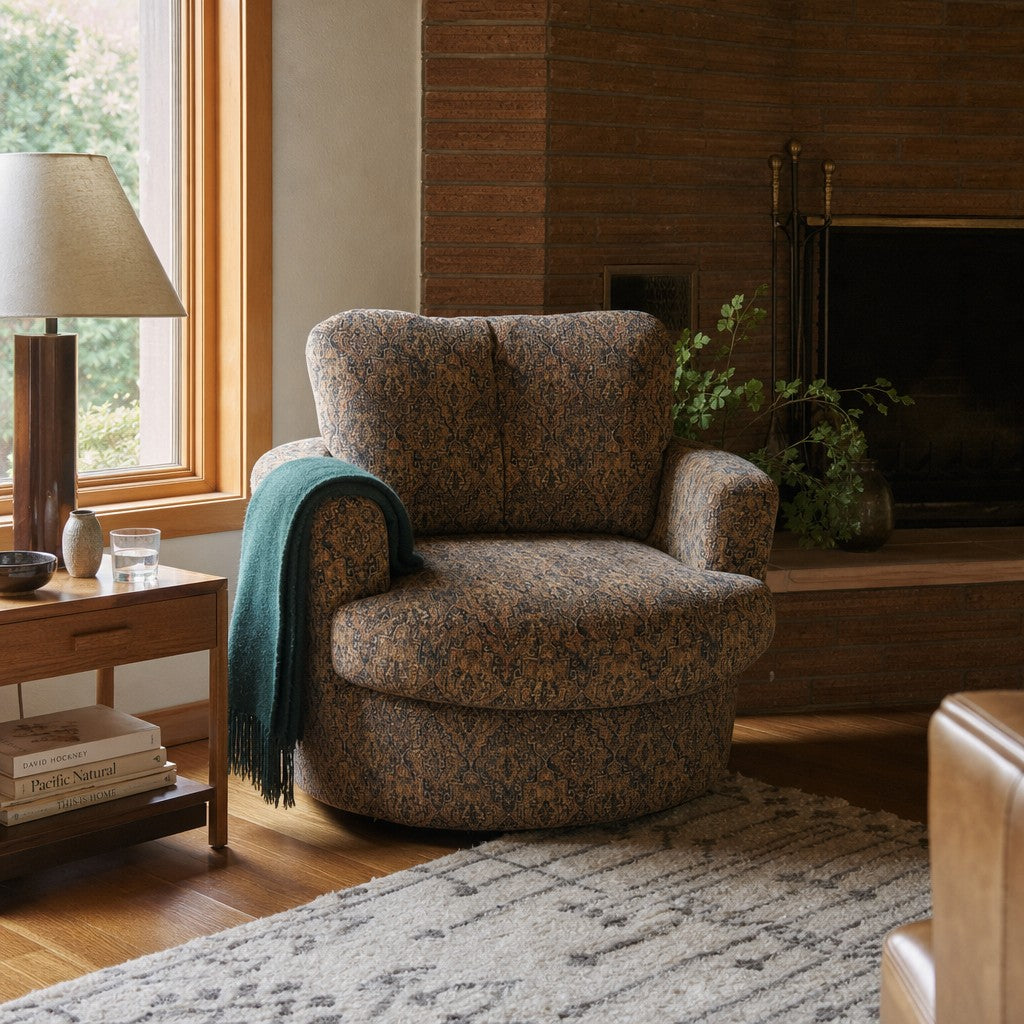 Brown paisley cube armchair with a boxy geometric silhouette - view 2