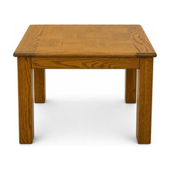 Brown solid wood end table with compact mid-century proportions and visible grain.