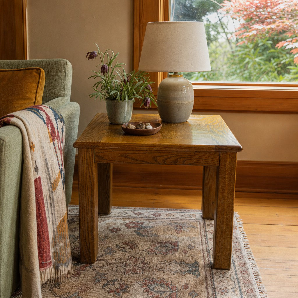 Brown solid wood end table with compact mid-century proportions and visible grain. - detail view 1