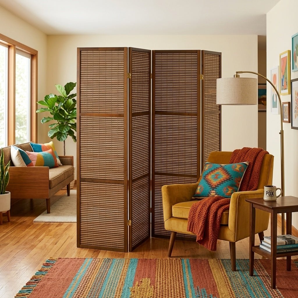 Browning 4-Panel Bamboo Room Divider in walnut side angle - bamboo folding screen by Coaster - Whats New Furniture Portland OR