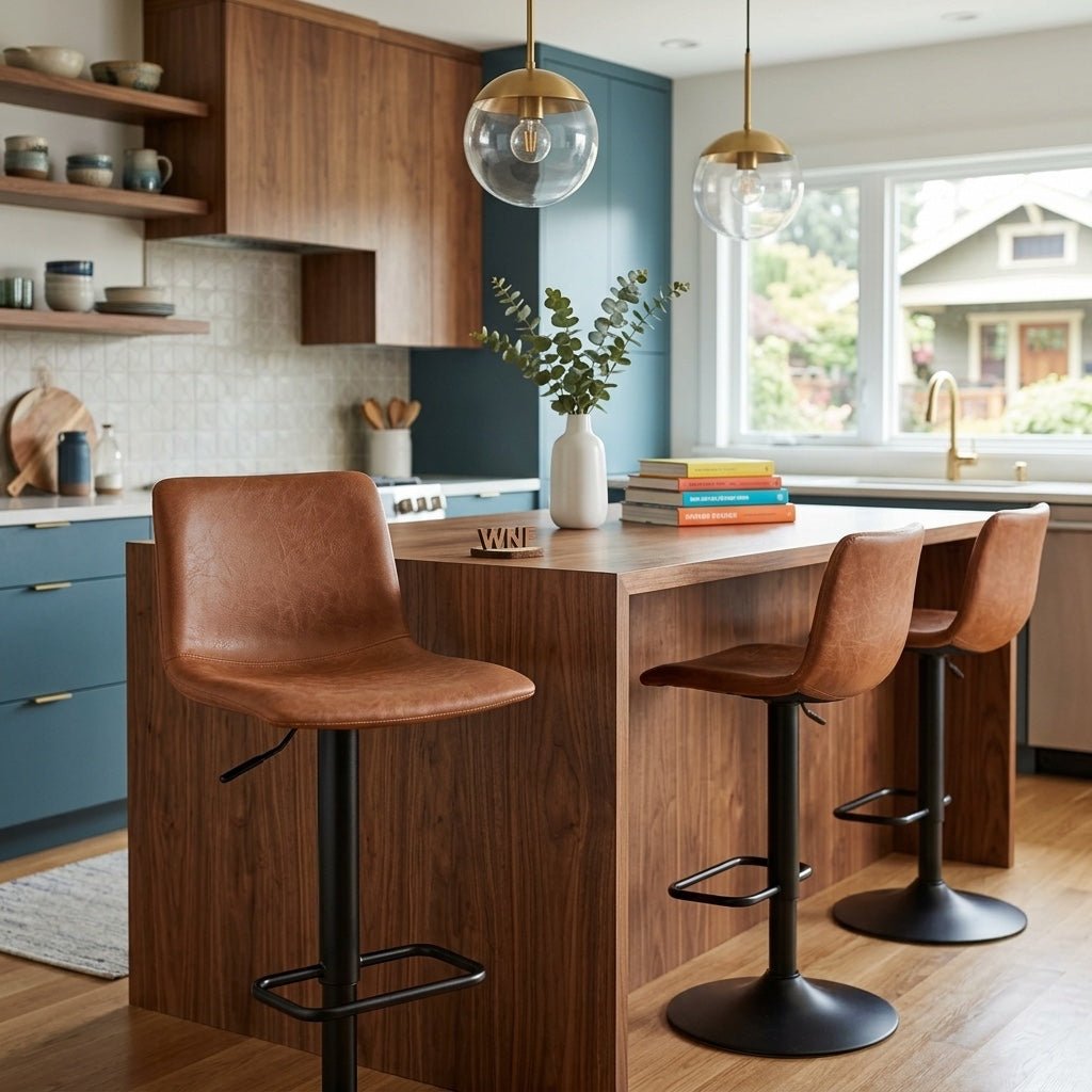 Bruce KD Gaslift Bar Swivel Stool in Toasted Caramel styled room setting - Toasted Caramel gaslift bar stool by NPD - Whats New Furniture Portland OR