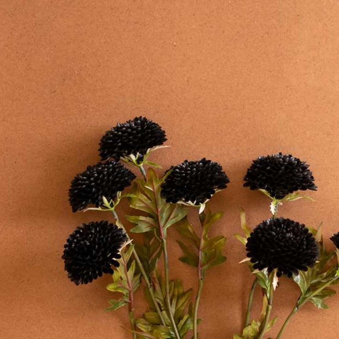 Bundle of Seven Artificial Zinnias in Black bloom detail - faux plants by Kalalou - Whats New Furniture Portland OR
