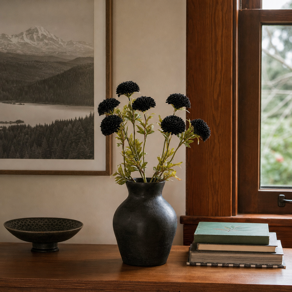 Bundle of Seven Artificial Zinnias in Black styled in a Portland home - faux plants by Kalalou - Whats New Furniture Portland OR