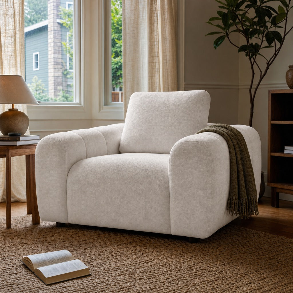 Burnett Chenille Upholstered Accent Chair Ivory styled in Portland Sellwood cottage living room - What&