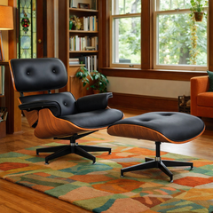 Burnside Lounge Chair and Ottoman in Black Leather - mid-century lounge set with walnut shell - Whats New Furniture Portland OR