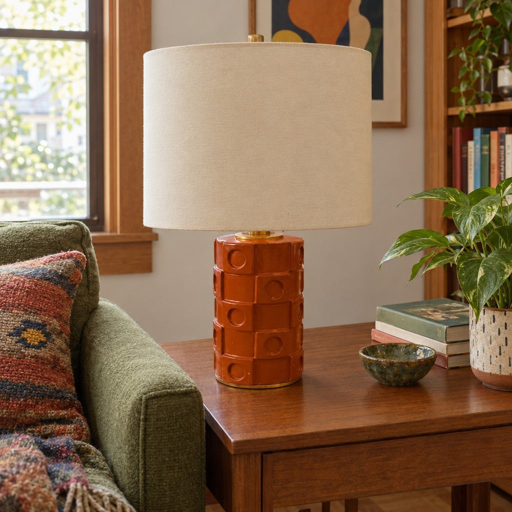 Burnt orange ceramic table lamp with a tapered mid-century body. - detail view 1