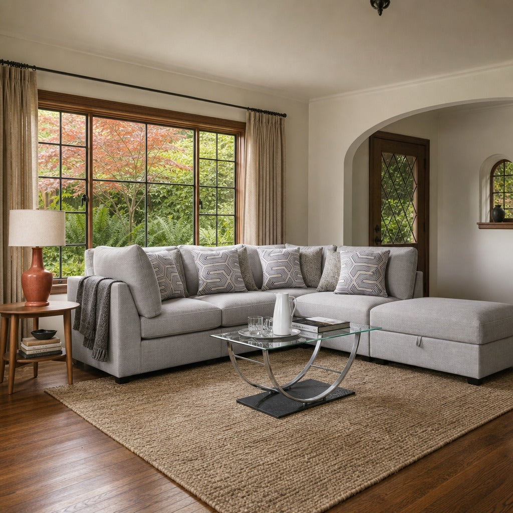 Cambria 5 Piece Upholstered Modular Sectional Sofa Grey styled in Portland Laurelhurst Tudor cottage living room - What&