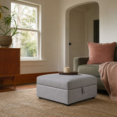 Cambria Square Upholstered Storage Ottoman Grey styled in Portland Montavilla cottage living room - What&