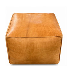 Camel leather pouf ottoman with a low square silhouette