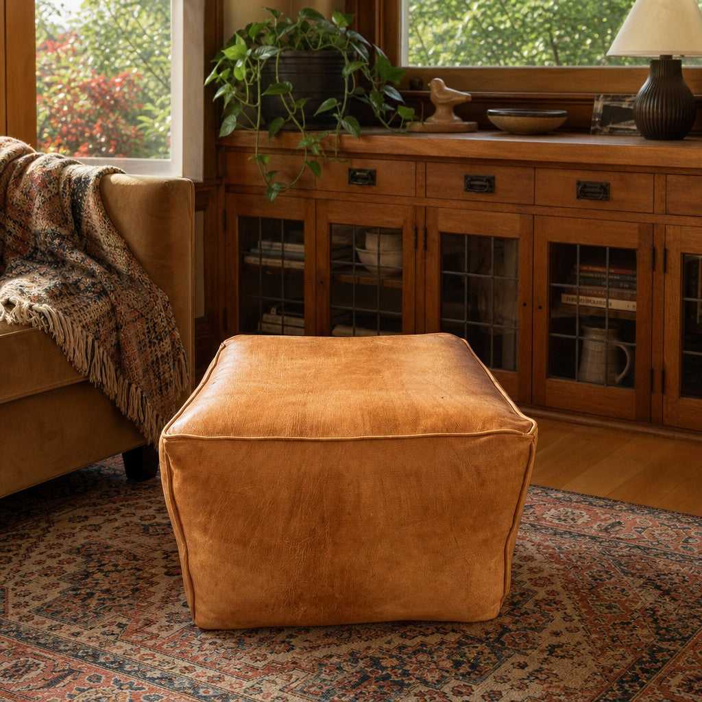 Camel leather pouf ottoman with a low square silhouette - detail view 1