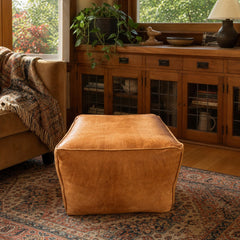 Camel leather pouf ottoman with a low square silhouette - detail view 1