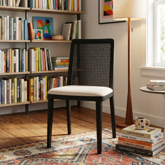 Cane Dining Chair in Oyster Linen Black fabric colorway room setting - cane dining chair by LH Imports - Whats New Furniture Portland OR
