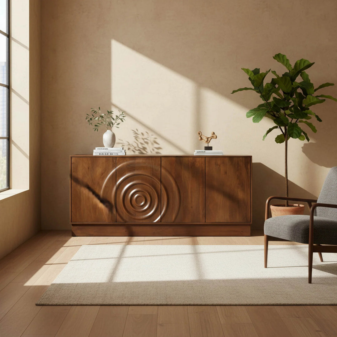Caracol Sideboard in Smooth Brown styled room setting - spiral carved sideboard by LH Imports - Whats New Furniture Portland OR