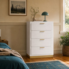 Caraway 4 Drawer Bedroom Chest White styled in Portland Mt. Tabor mid-century daylight ranch living room - What&