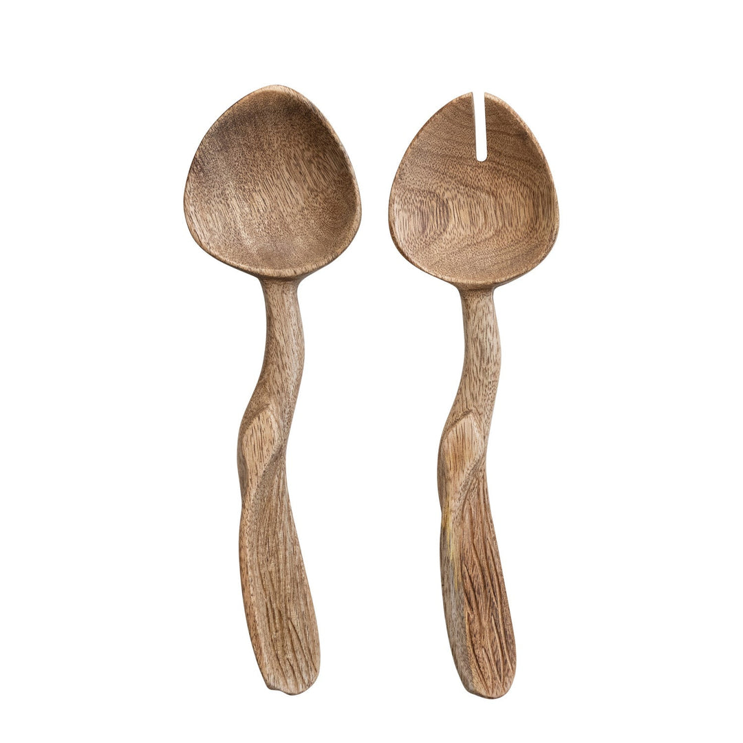 Carved Mango Wood Salad Servers Set of 2 - front view of the two carved wood salad servers - Creative Co-Op - What&