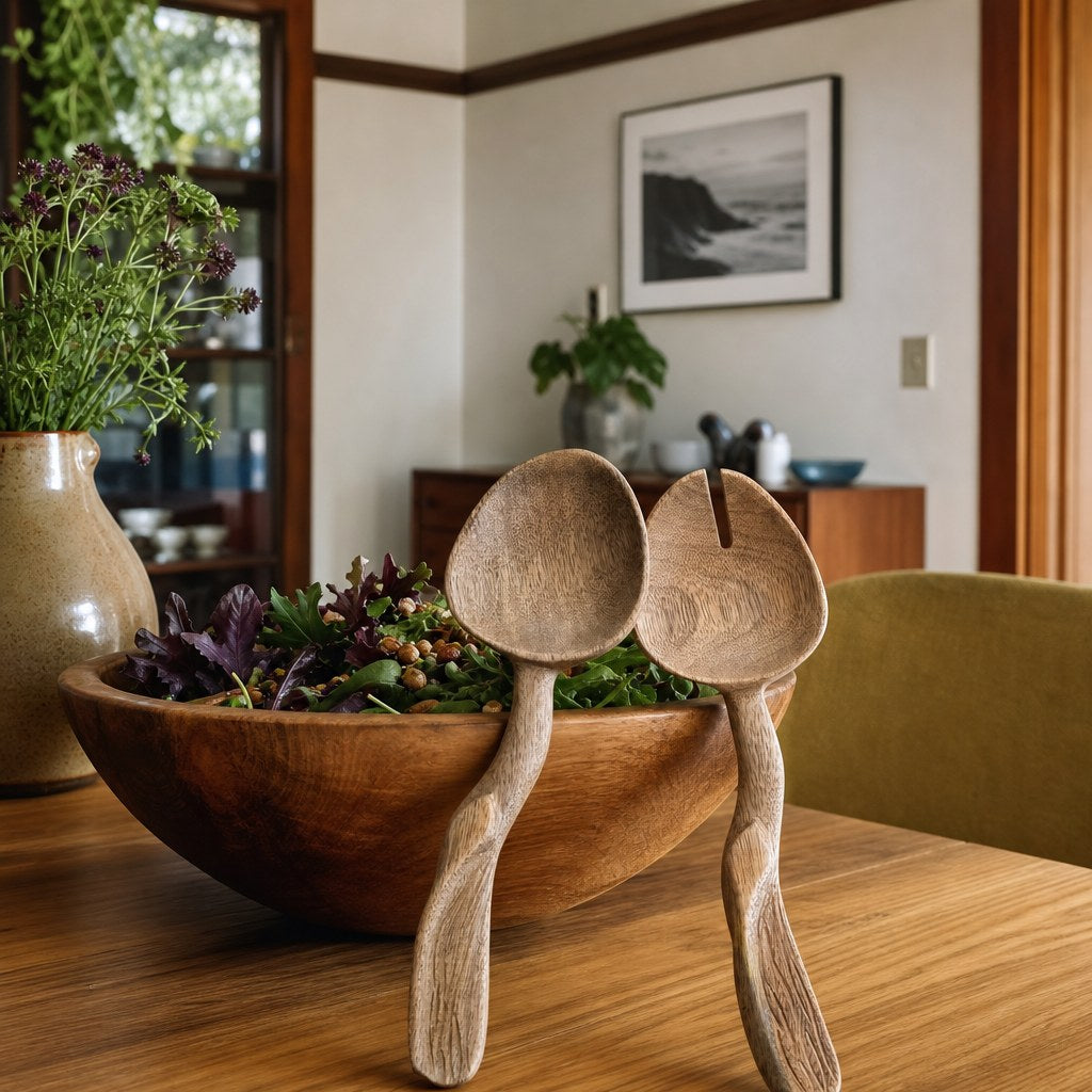 Carved Mango Wood Salad Servers, Set of 2 styled in a Portland dining room - What&