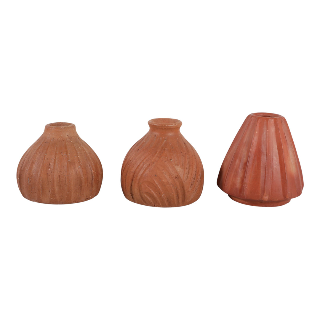 Carved Terracotta Bud Vases, Set of 3 front view - bud vase by Sagebrook Home - Whats New Furniture Portland OR