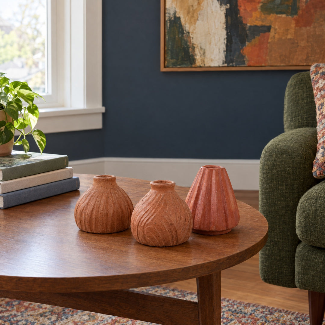 Carved Terracotta Bud Vases, Set of 3 styled in a Portland living room - Whats New Furniture