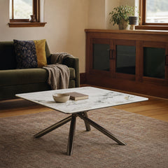 Carvell Square Sintered Stone Top Coffee Table Mirage White styled in Portland St. Johns bungalow living room - What&