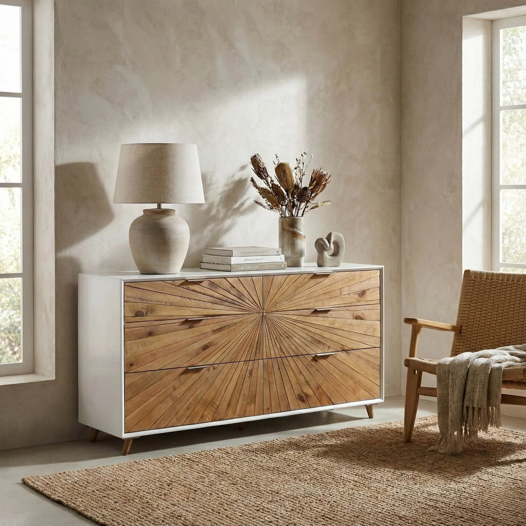 Casablanca 6 Drawer Dresser in Rustic Natural White Lacquer styled room setting - six drawer dresser by LH Imports - Whats New Furniture Portland OR