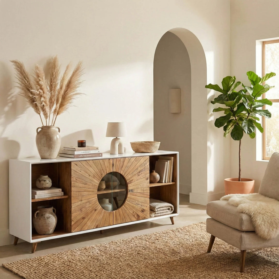 Casablanca Sideboard in Rustic Natural White room setting - reclaimed wood sideboard by LH Imports - Whats New Furniture Portland OR