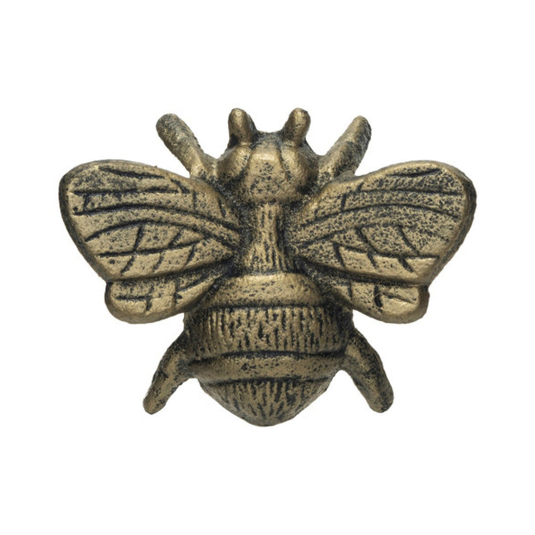 Cast Iron Bee Bottle Opener in distressed gold, front view with etched wings - barware by Creative Co-Op - Whats New Furniture Portland OR