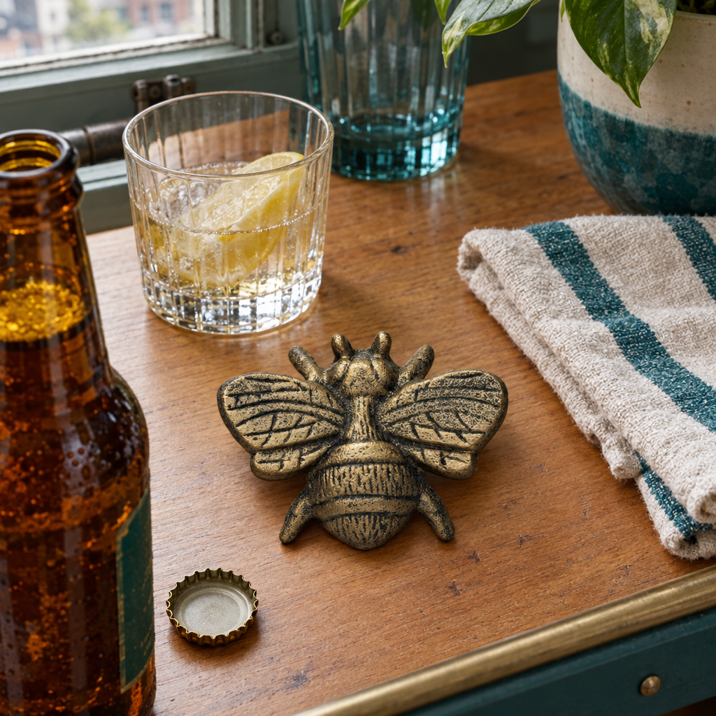 Distressed gold cast iron bee bottle opener styled on a Portland bar cart - Whats New Furniture