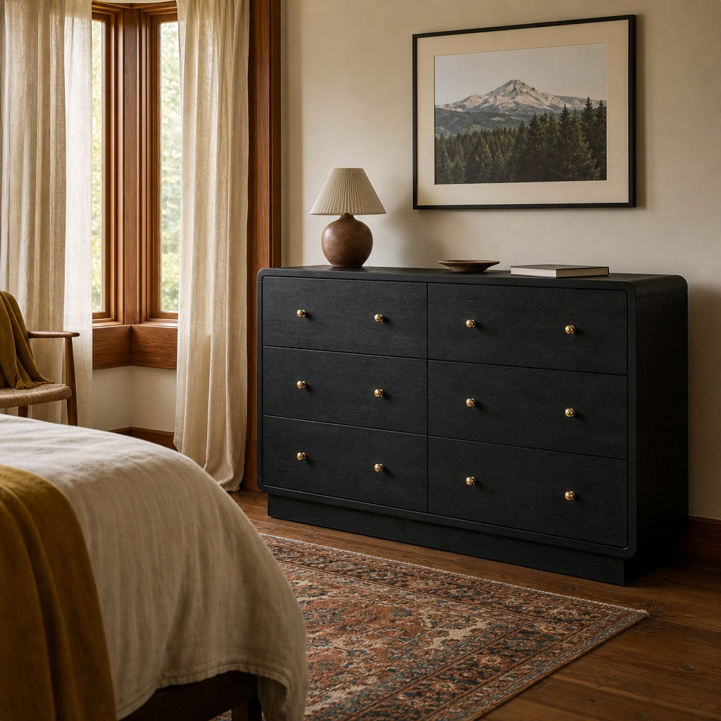 Cavelle 6 Drawer Dresser Cabinet Black styled in Portland Hawthorne Craftsmbungalow living room - What&