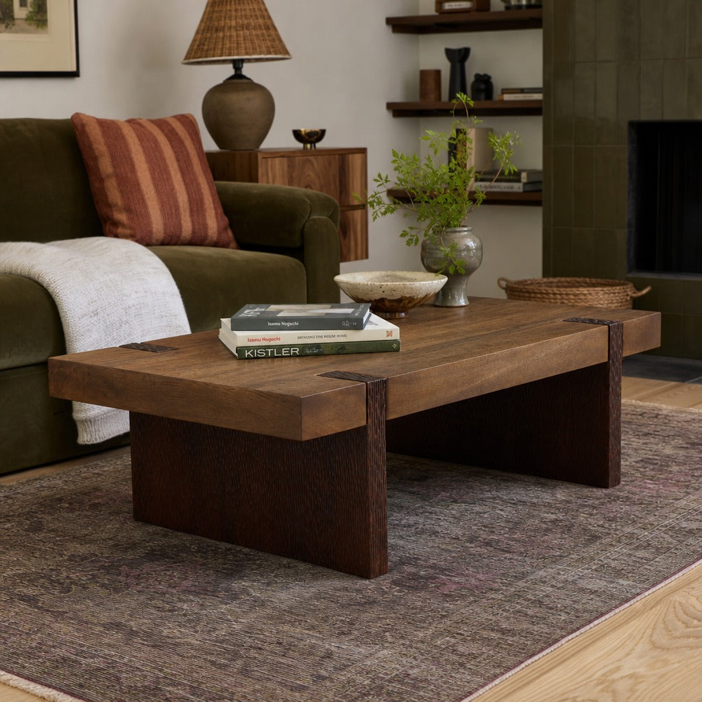 Celestino Coffee Table - Brown Mango Wood styled in a Portland living room - Whats New Furniture