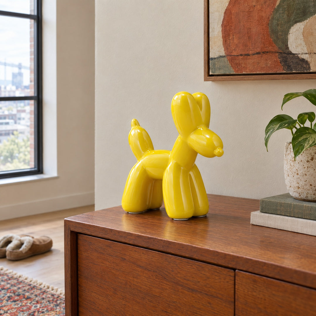 Ceramic Balloon Dog Figurine 7", Yellow styled in a Portland living room - Whats New Furniture