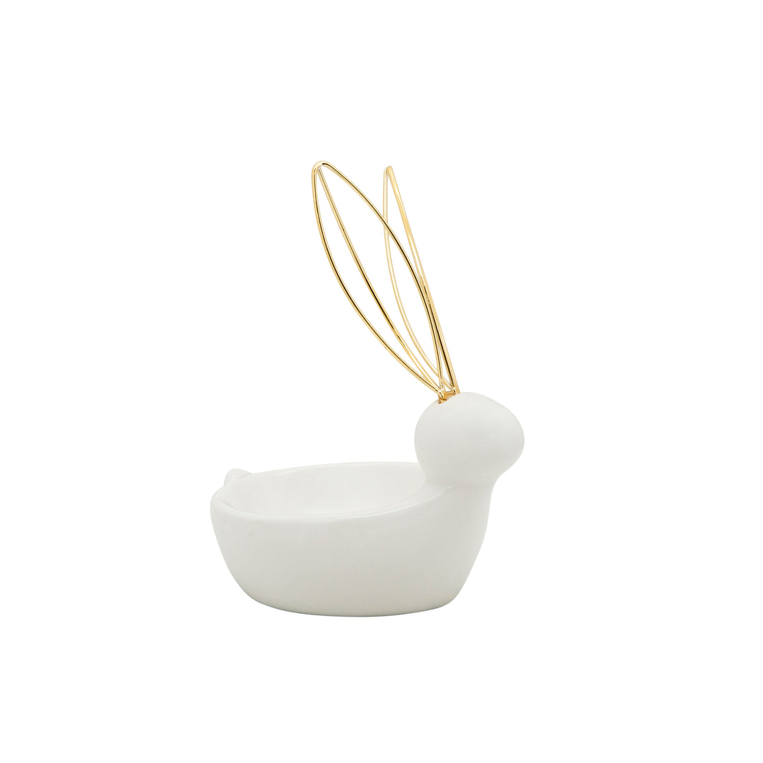 Ceramic Bunny Trinket Dish 6", White &amp; Gold front view - trinket dish by Sagebrook Home - Whats New Furniture Portland OR