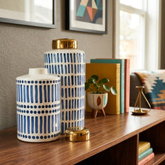 Ceramic Jar with Gold Lid styled in a bright Portland mid-century modern interior - Whats New Furniture