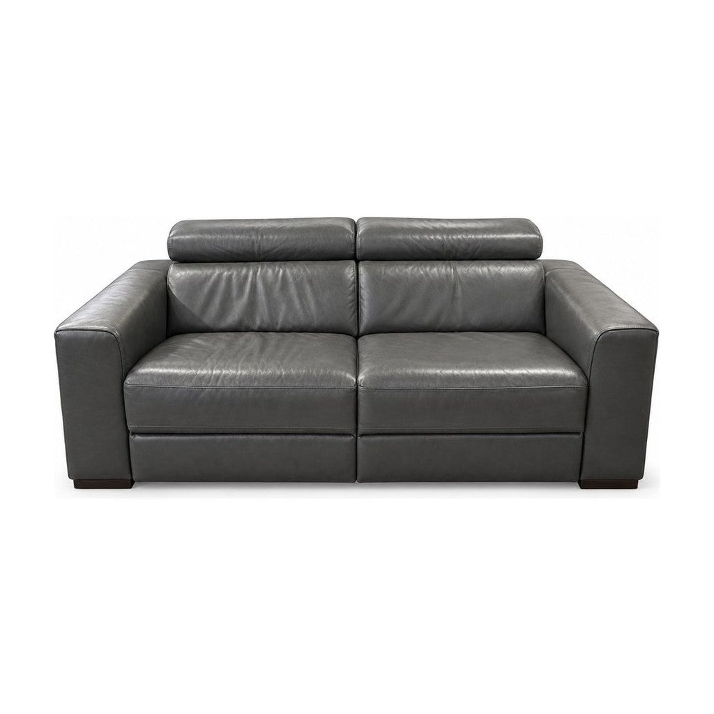 Charcoal gray leather recliner loveseat with dual power-motion seats