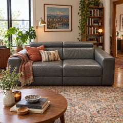 Charcoal gray leather recliner loveseat with dual power-motion seats - detail view 1
