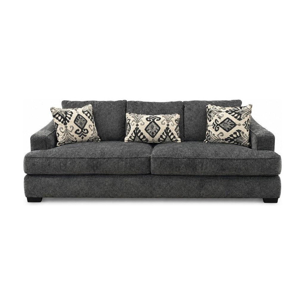Charcoal gray sofa upholstered in woven Lux fabric by Stanton.