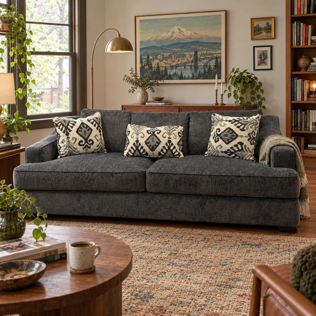 Charcoal gray sofa upholstered in woven Lux fabric by Stanton. - detail view 1