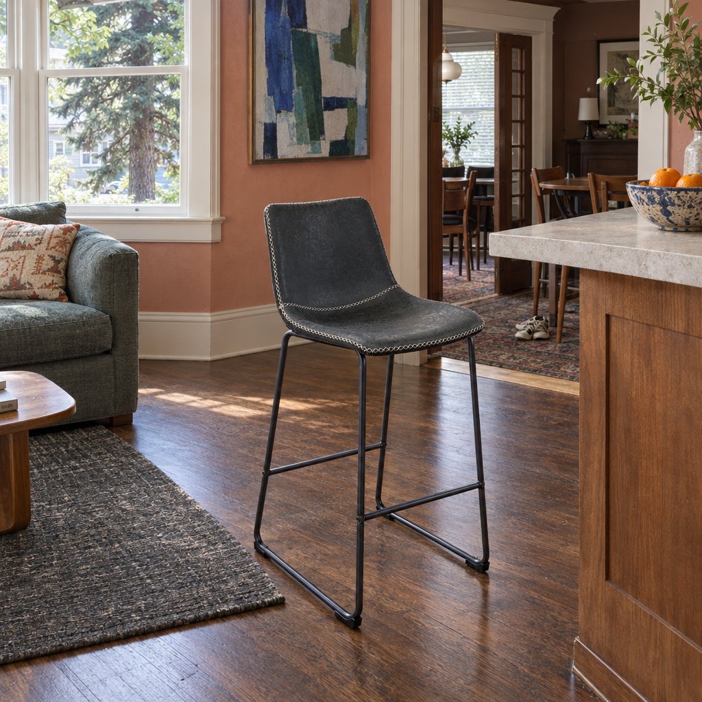 Mid-Century Metal Counter-Height Bar Stool in Charcoal styled in a Portland home - Whats New Furniture