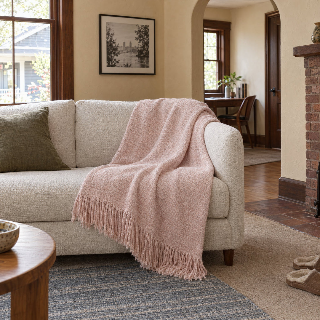 Chelsea Oversized Throw in Blush styled in a Portland home - Whats New Furniture