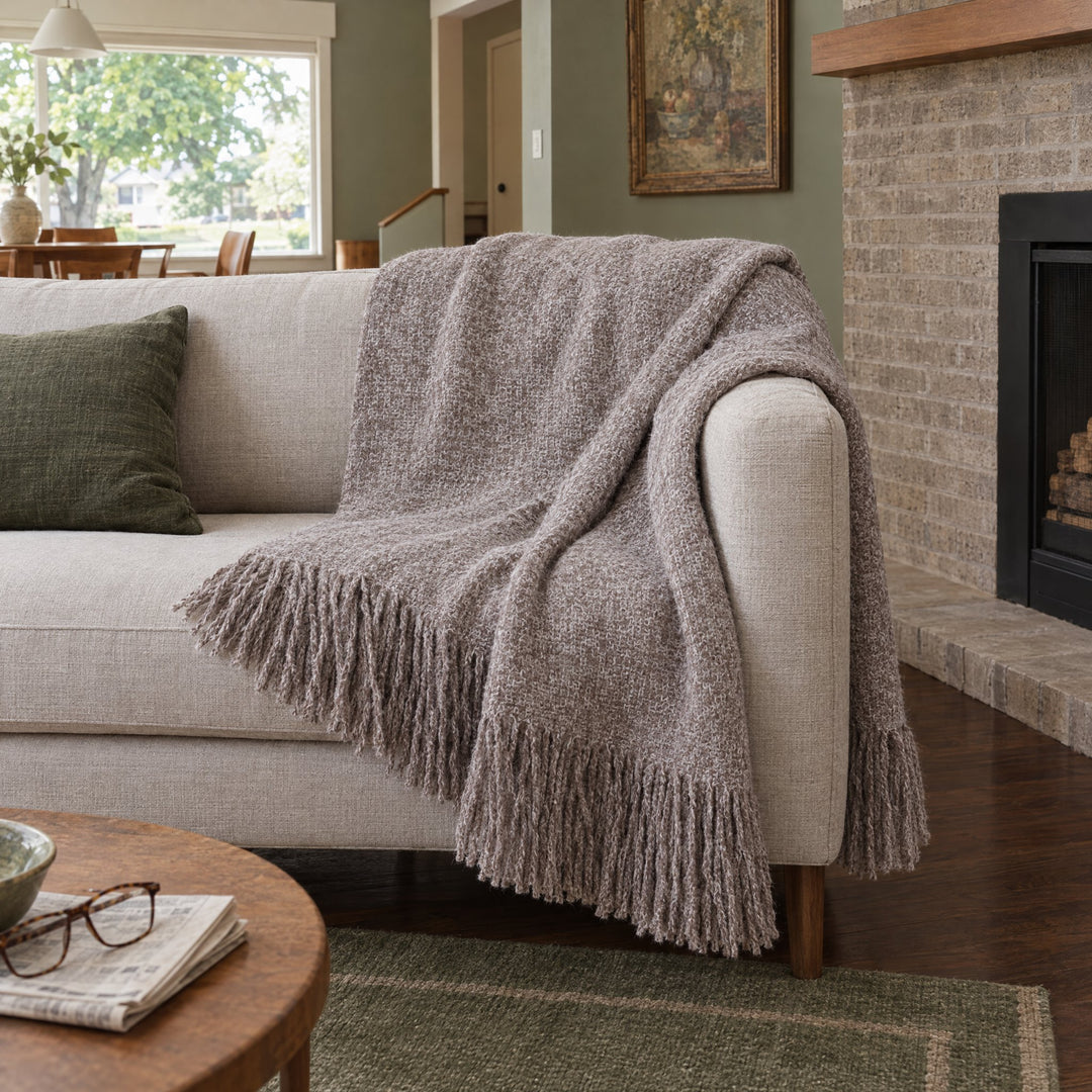 Chelsea Oversized Throw in Mushroom styled in a Portland home - Whats New Furniture