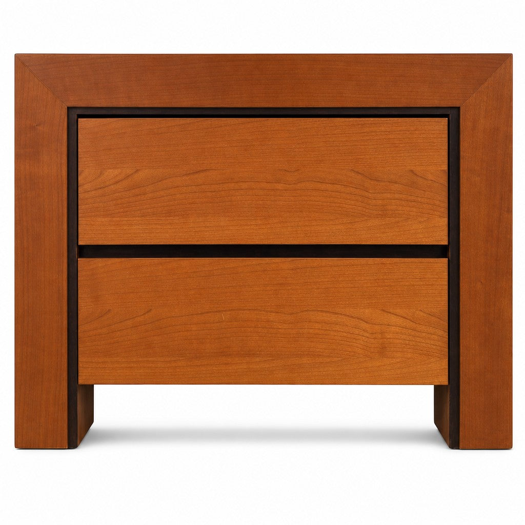 Pair of cherry mid-century nightstands with clean edges and low silhouettes