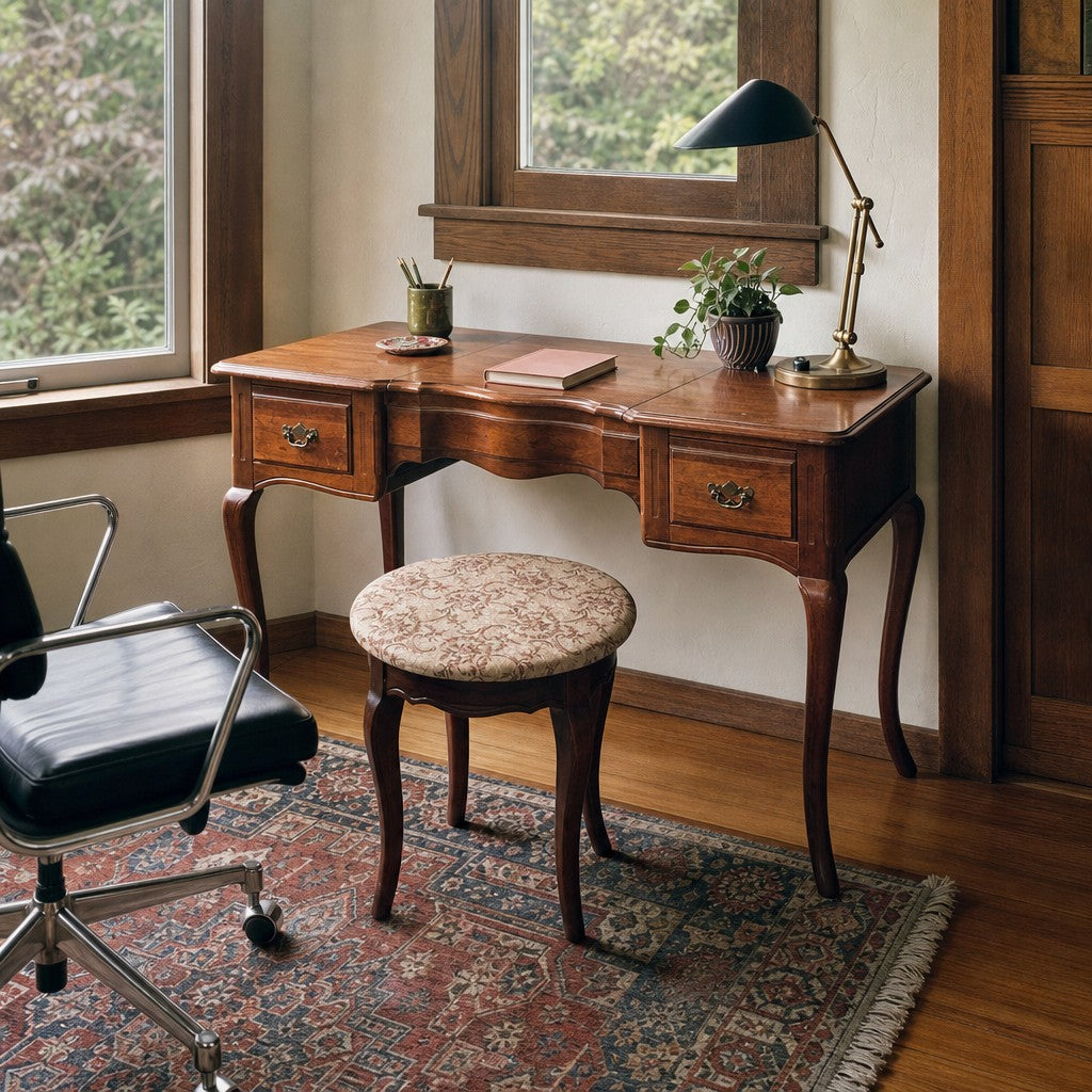 Cherry vintage vanity desk with attached mirror and worn wood top. - detail view 1