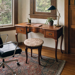 Cherry vintage vanity desk with attached mirror and worn wood top. - detail view 1